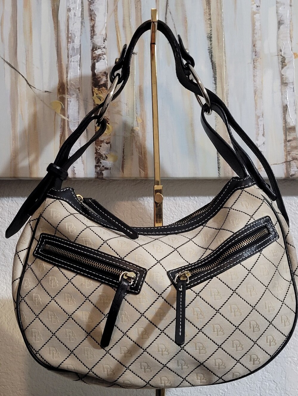 Dooney & Bourke Cream Black Canvas Monogram Hobo Shoulder Handbag
